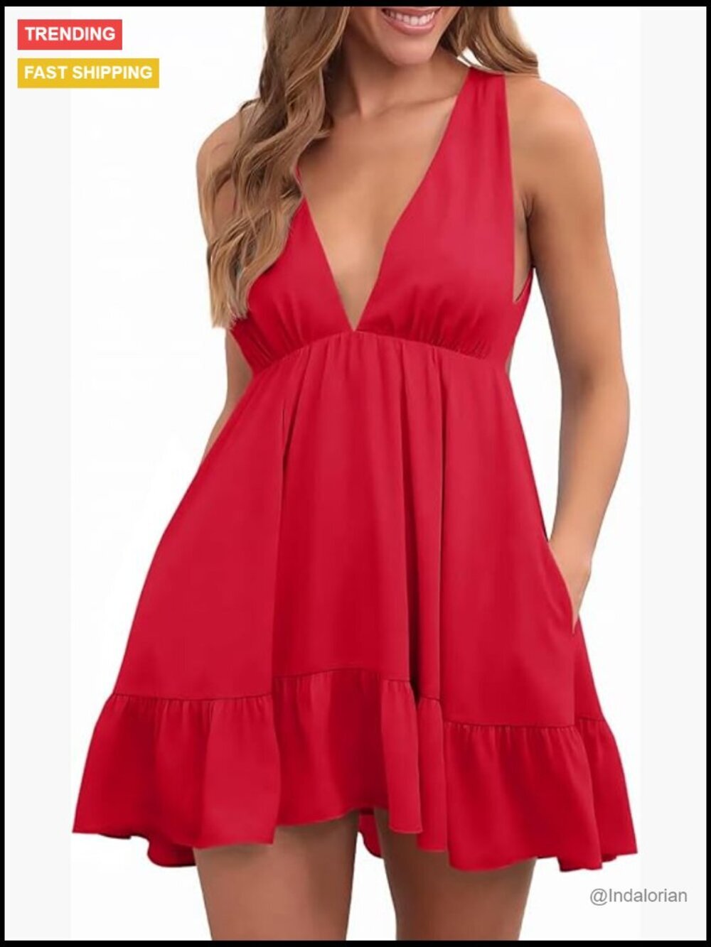 Women's Mini Dress Deep V-Neck Backless Ruffle Sleeveless with Pockets